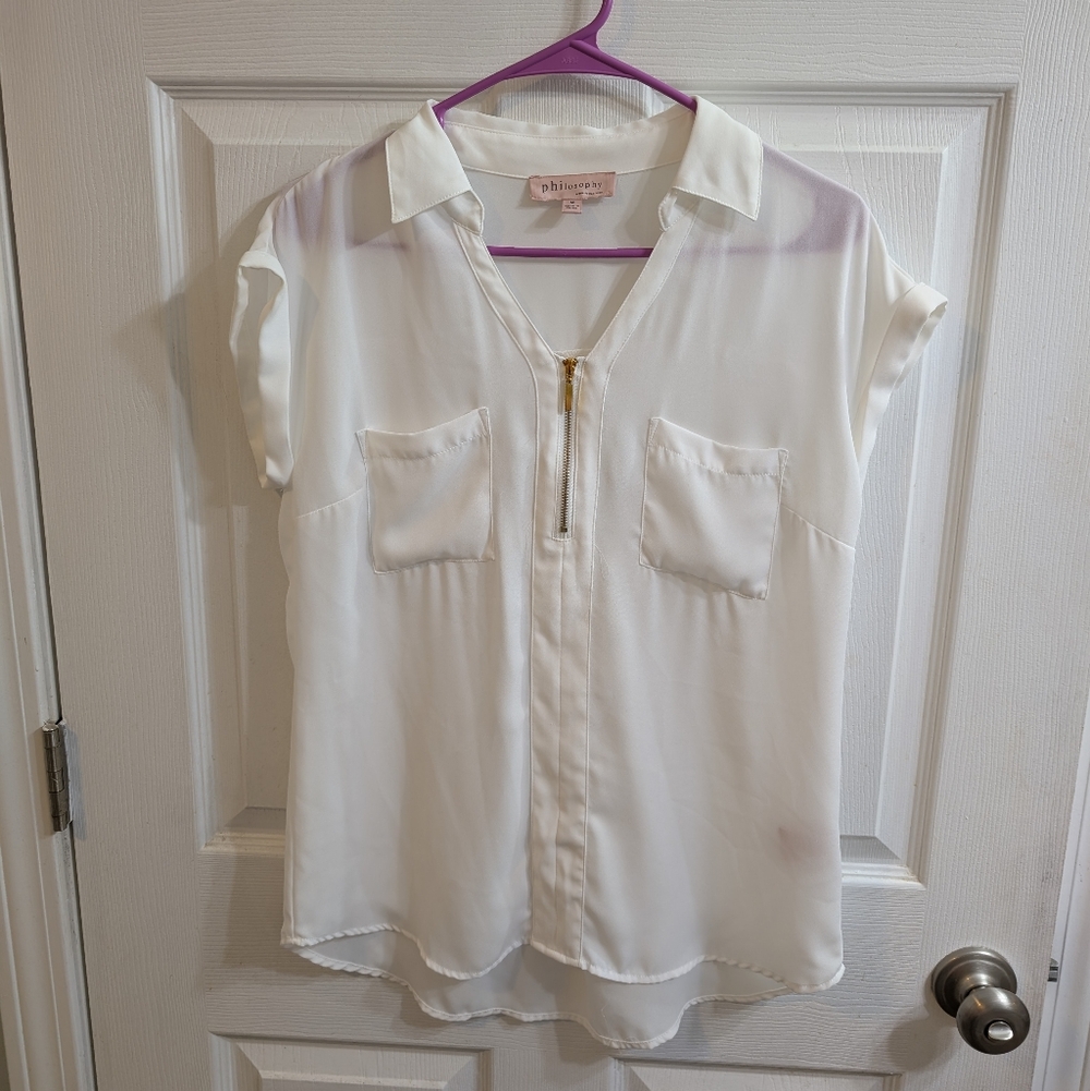 Philosophy White Short Sleeve Blouse‎ With Zipper - Size M